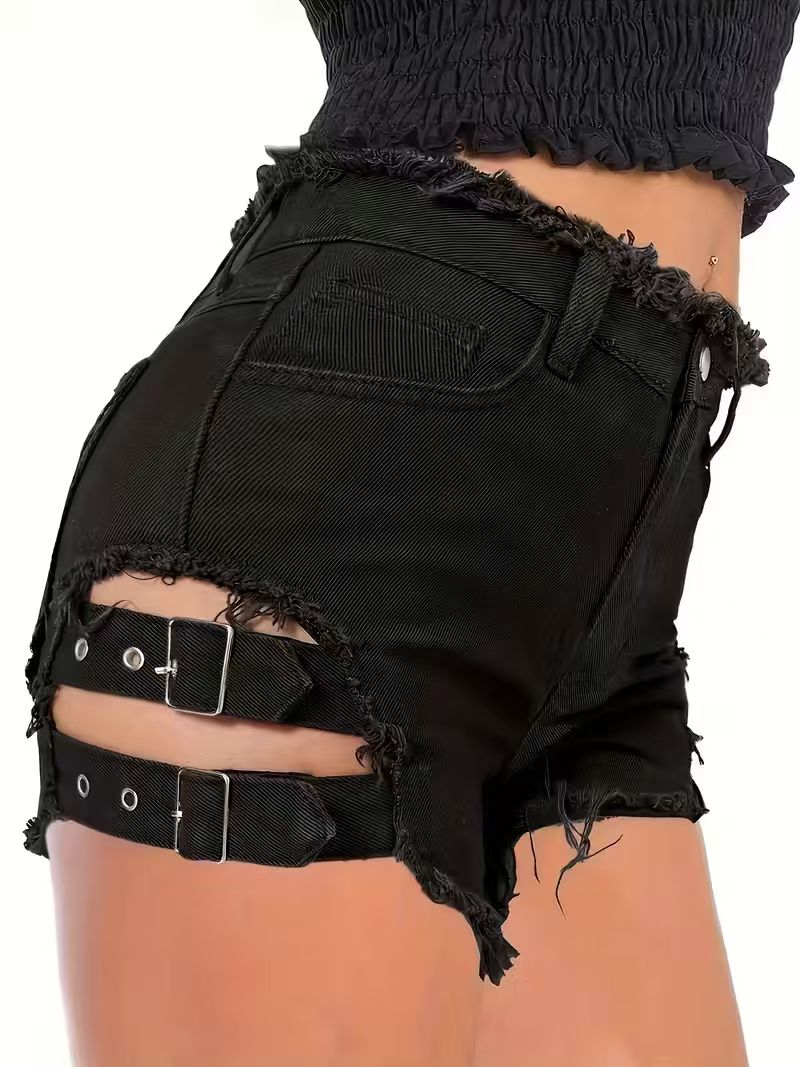Shorts Denim Frayed - Women's Black Denim Shorts Low Waisted