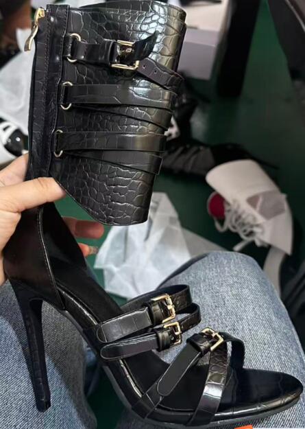 Sexy Black Leather Open Toe Cr - Sandal Strappy Heeled ulasan dan harga