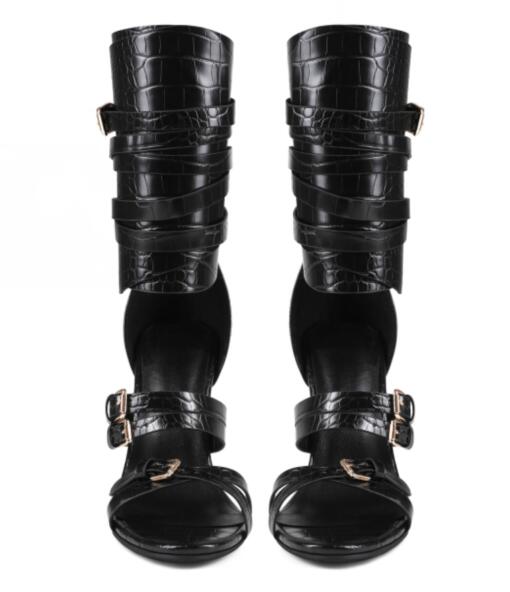 Sexy Black Leather Open Toe Cr - Sandal Strappy Heeled ulasan dan harga